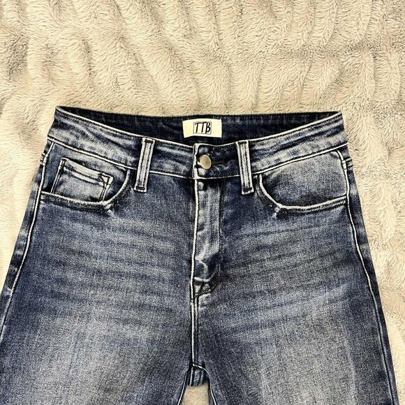 TTB Jeans Women 5 Distressed Skinny Blue Denim Mid Rise Stretch Ripped Hem Punk - Picture 3 of 8